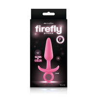 Pink small firefly prince silicone anal plug featuring finger ring & glow color inside packaging.