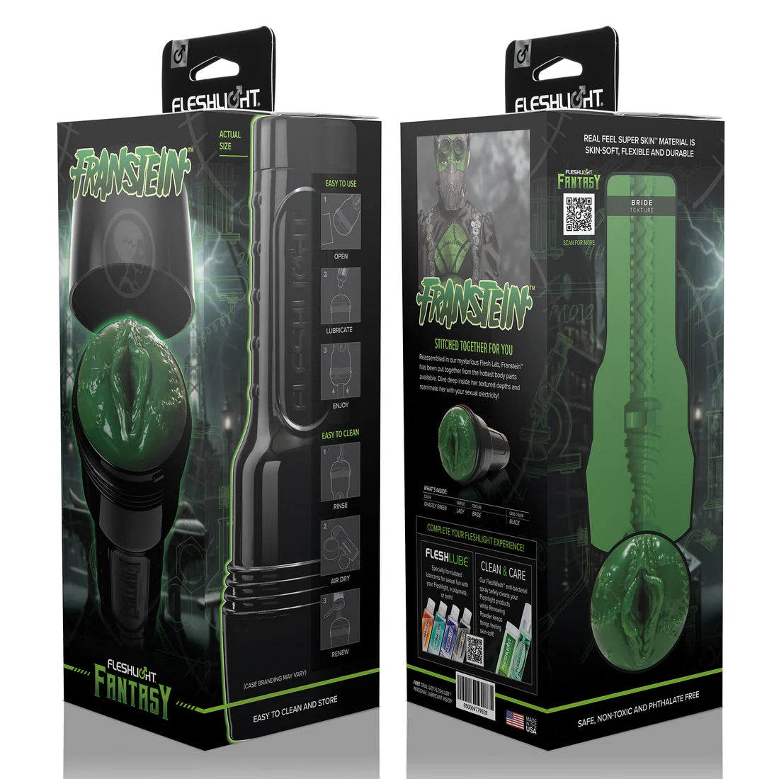 Fleshlight Fantasy franstein packaging with green and black design