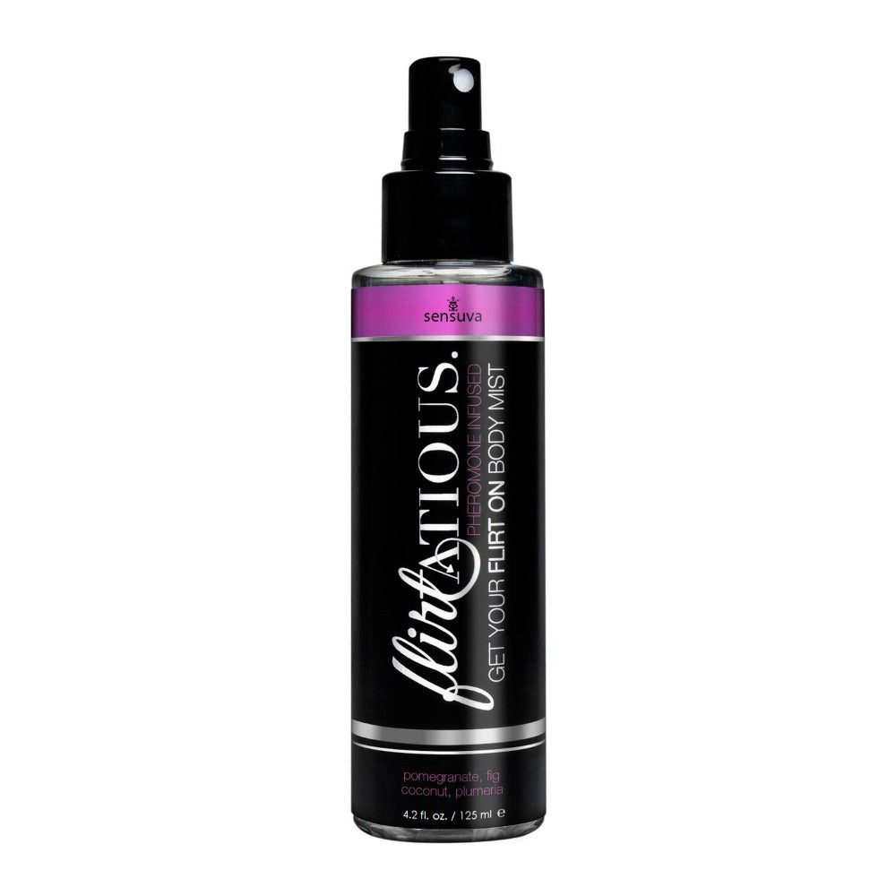 Flirtatious pomegranate body mist featuring 125ml spray bottle.