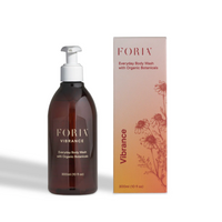 Foria everyday vibrance body wash 300ml bottle beside packing.