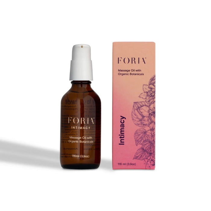 Foria intmacy massage oil featuring a 116ml bottle beside packaging.