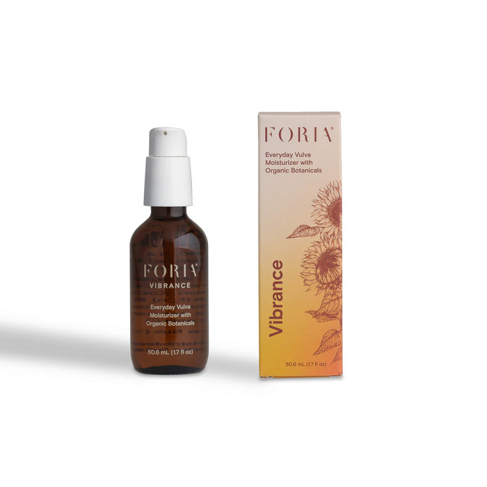 foria vibrance vulva moisturizer 50.6ml bottle beside packaging.