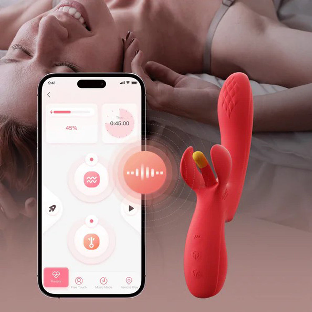 Red kinky finger app enabled vibrator beside smart phone