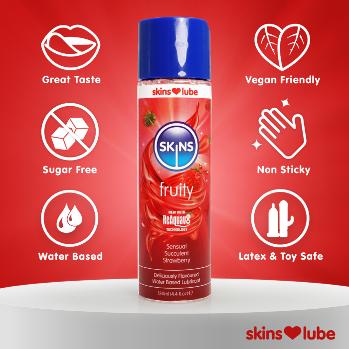 Skins fruity flavored water based lubricant information photo.