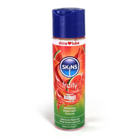 Skins flavored refreshing watermelon pleasure water based lubricant. Featuring 130ml bottle with snap lid.