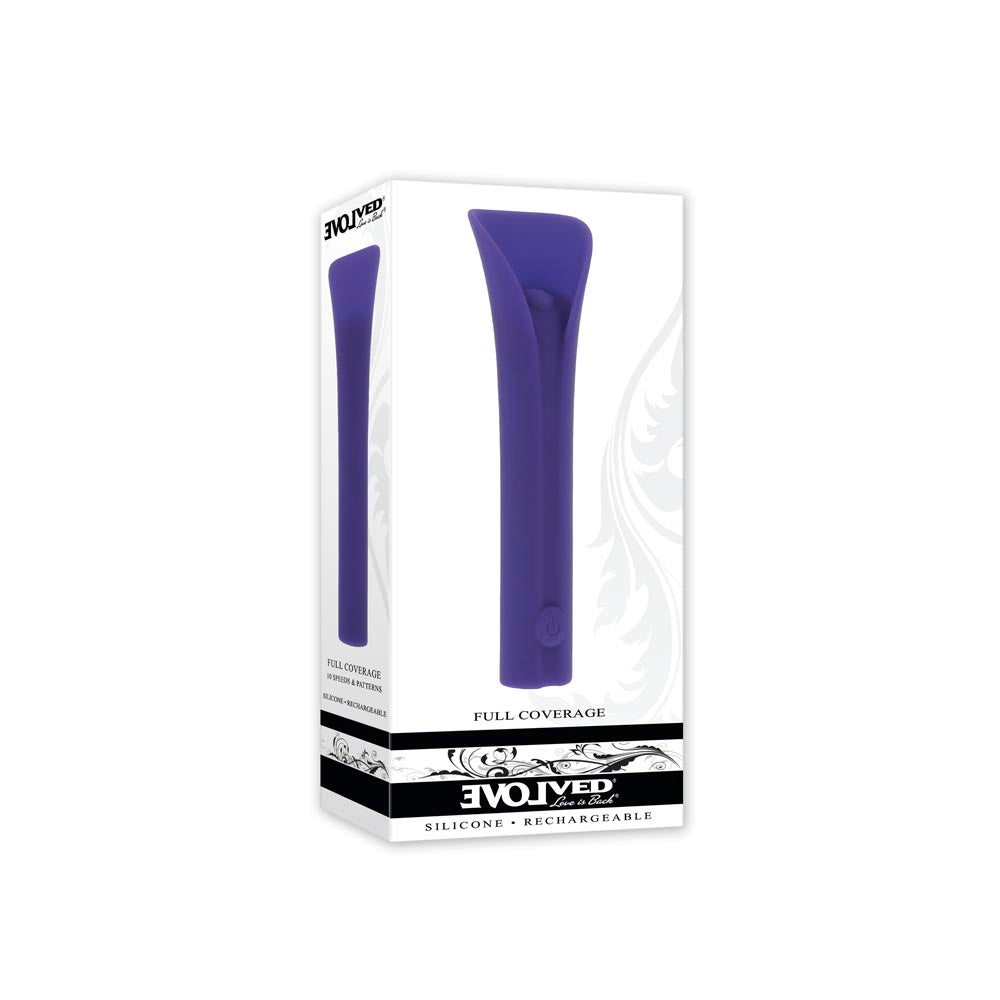 Purple full coverage vibrator inside packaging.