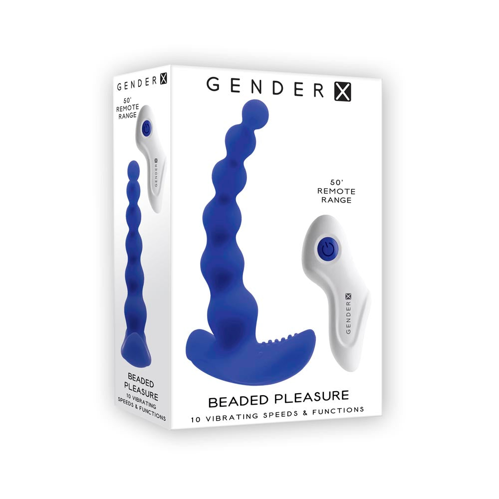 Navy beaded pleasure vibrating anal plug inside packaging.