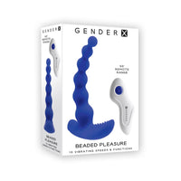Navy beaded pleasure vibrating anal plug inside packaging.