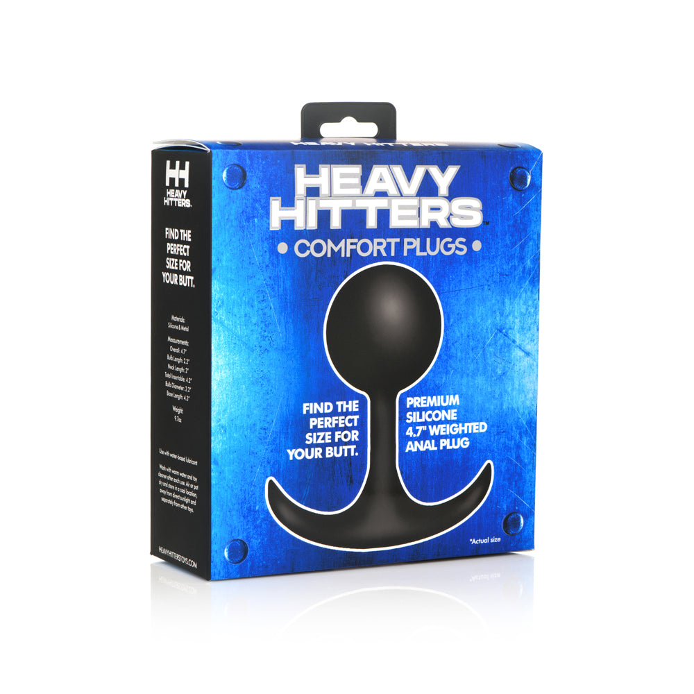 Black weighted comfort anal plug XL inside packaging.