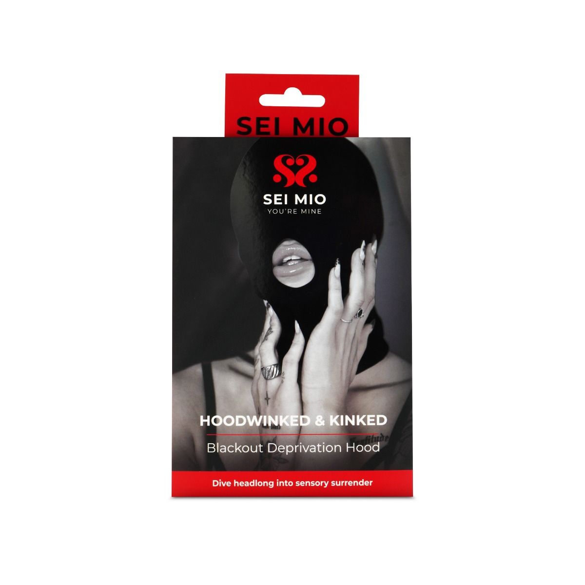Hoodwinked & kinked blackout deprivation hood inside packaging.