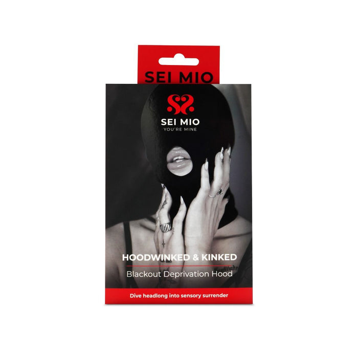 Hoodwinked & kinked blackout deprivation hood inside packaging.