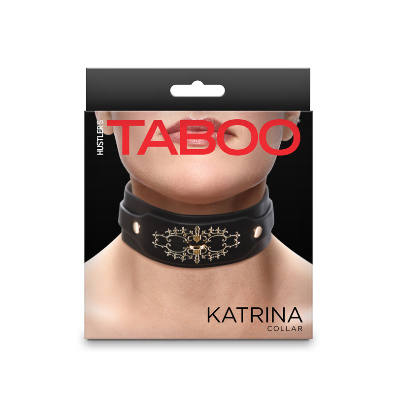 Black taboo adjustable collar featuring leash ready D-ring inside packaging.
