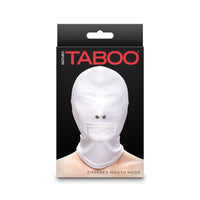 White zippered mouth hood inside packaging.