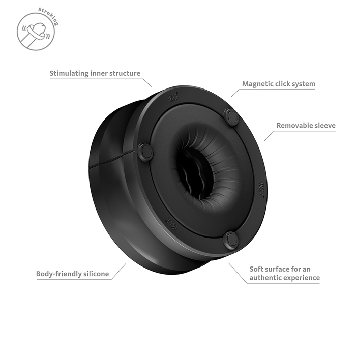 Black IKU tight masturbator example photo. featuring body friendly silicone removeable sleeve and stimulating inner structure. 