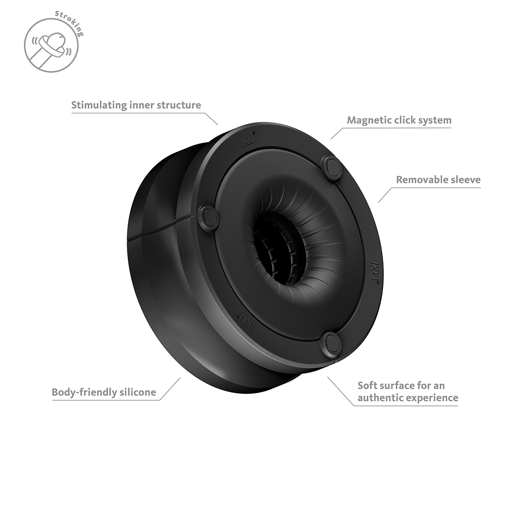 Black IKU tighter masturbator example photo. Featuring Stimulating inner structure removable sleeve.