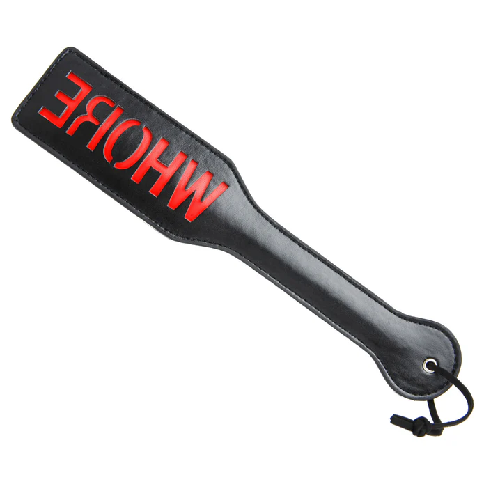 Black paddle with whore red writing example photo.