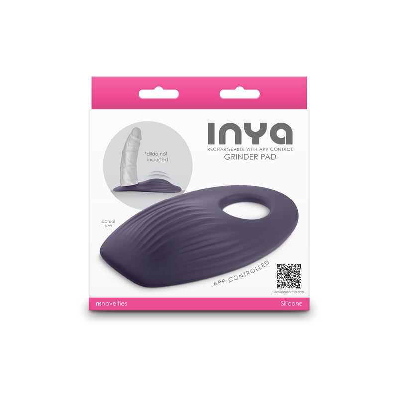 Purple Inya grinder pad vibrator with app control inside packaging.