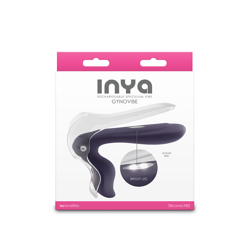 Purple Gynovibe speculum vibrator with LED light inside packaging.