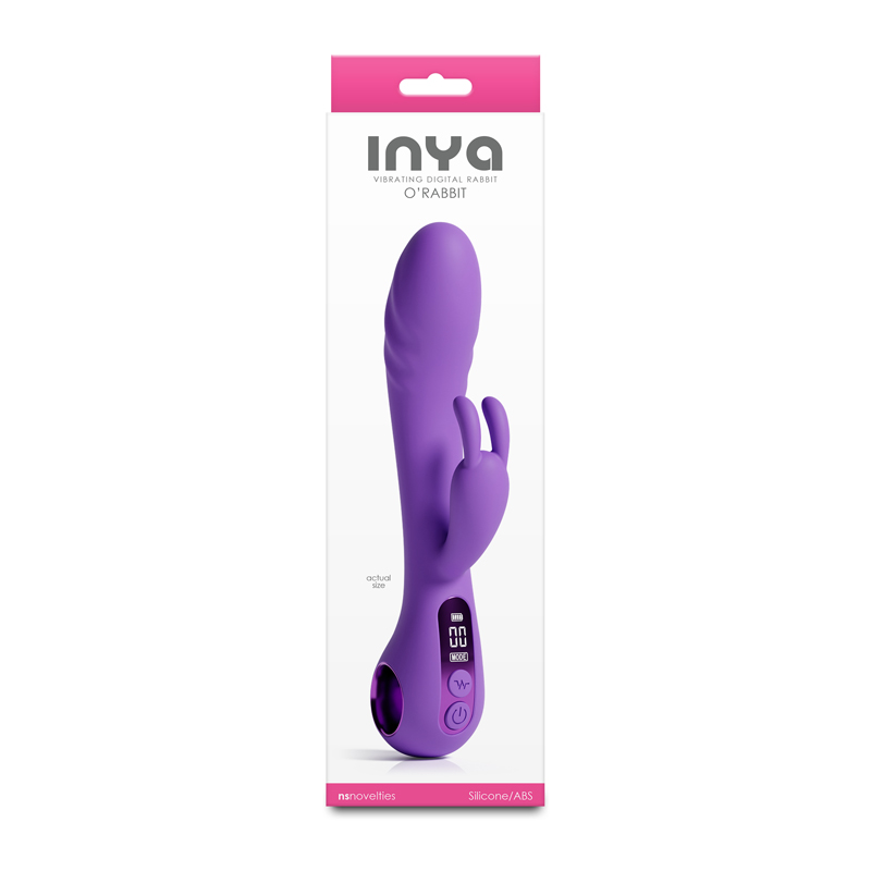 Purple Inya dual stimulation vibrator inside packaging. Featuring digital display.