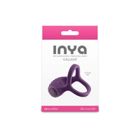 Purple Inya vibrating cock and ball ring inside packaging.