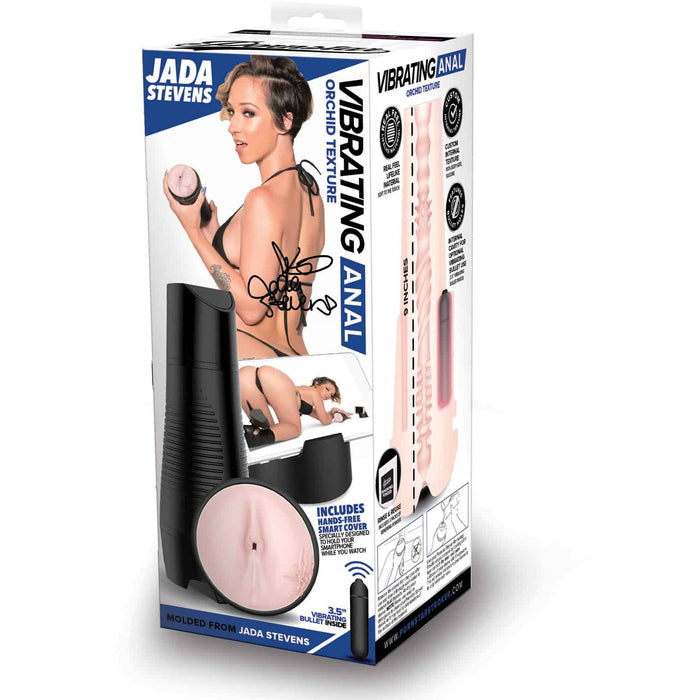 blue and white packaging with photos of Jada Stevens posing in a black bra and panties. The beige male masturbator with an anal opening and a hard black shell posted in front of her.