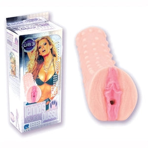 Purple packaging with a photo of Jenna Jameson posing in a black bra. The beige and pink masturbator with a vaginal opening beside her.