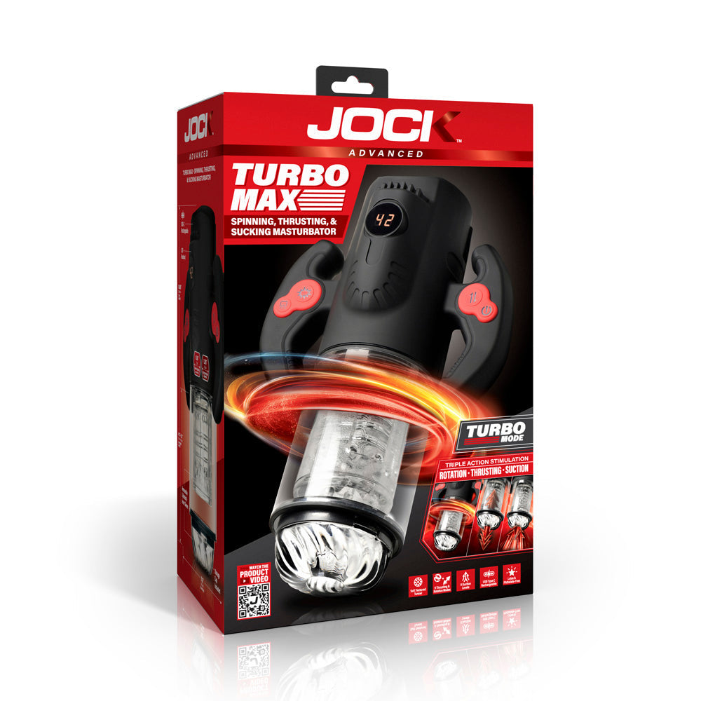 Jock advanced thrusting spinning and sucking masturbator inside packaging.