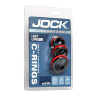 Black and red Jock enhancers 2 in 1 cock rings set of 3 inside plastic visible packaging.