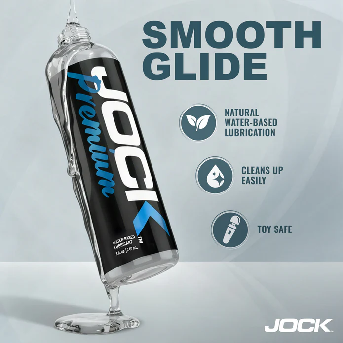 Jock premium smooth glide water based lubricant example photo featuring a 8oz bottle.