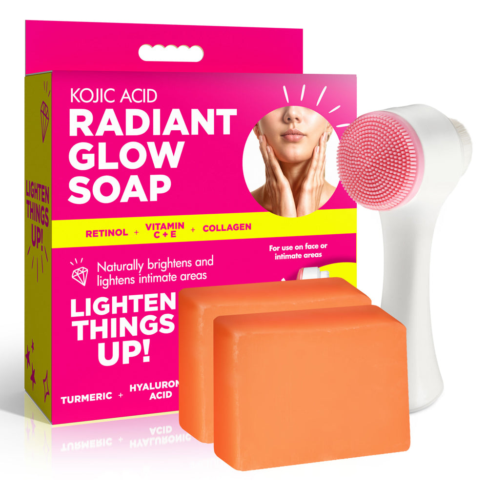 Kojic acid brightening bar soap with applicator beside packaging.
