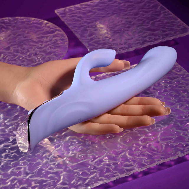 Purple lavender love sizing example photo against hand.