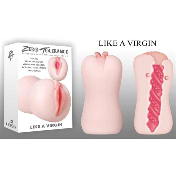 Image shows the packaging and two versions of the masturbator. One version is the external view if the beige masturbator with a vaginal opening. The other version is an internal view of the texture inside the masturbator 