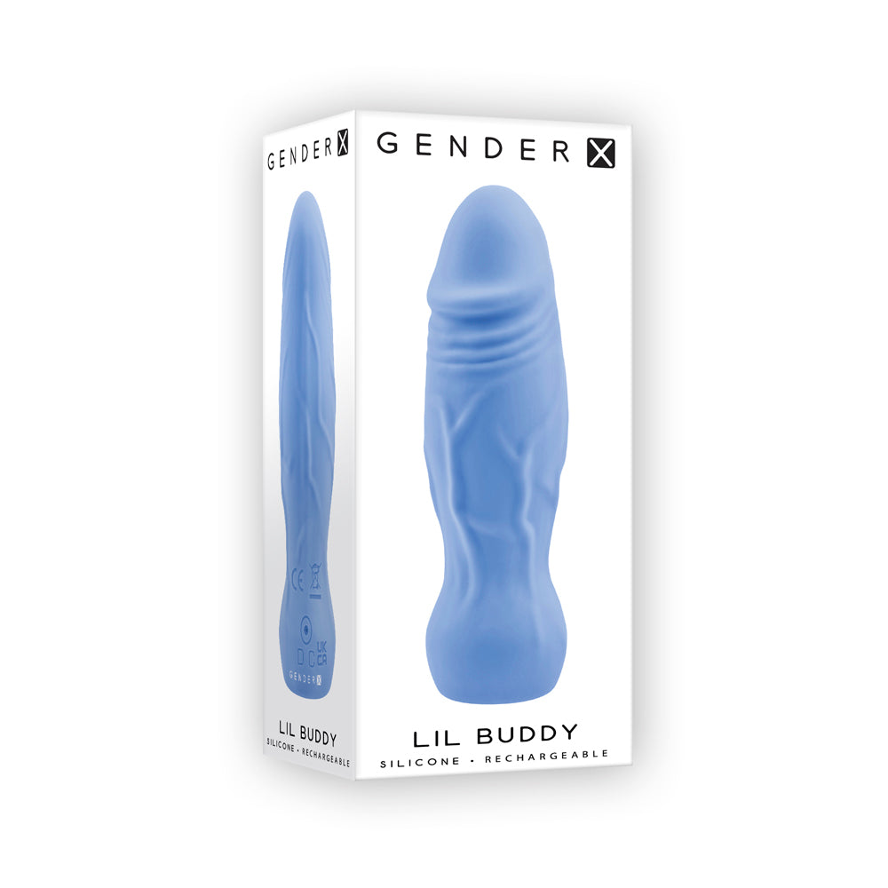 Blue lil buddy silicone vibrator inside packaging.