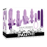 Purple 7pc vibrator kit including 2 rechargeable bullets, five silicone accessories inside packaging.