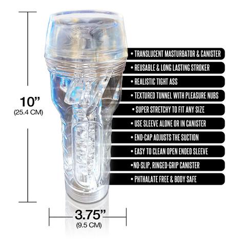 Image shows the clear masturbator with a mouth opening and a hard clear shell. Next to the masturbator is the description of the product specifications.