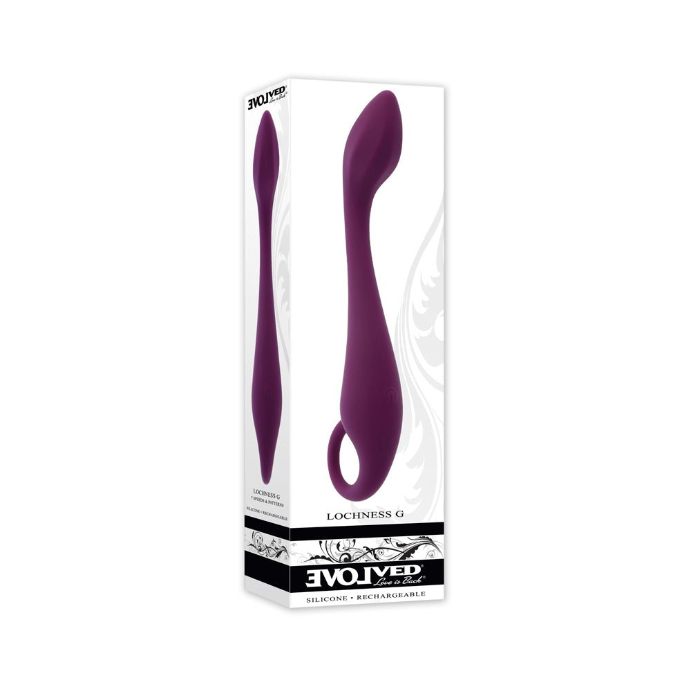 Purple Lochness G vibrator inside packaging.