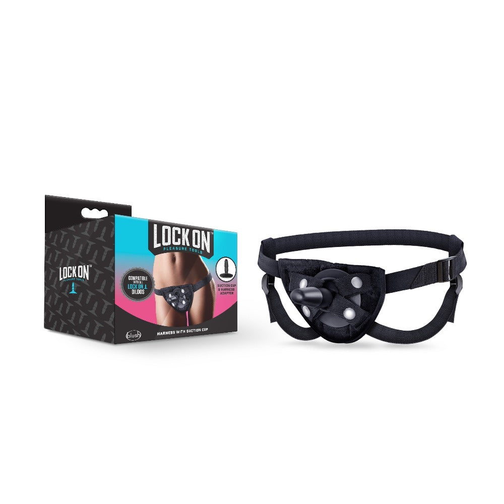 Black harness with 'Lock On' packaging on a white background