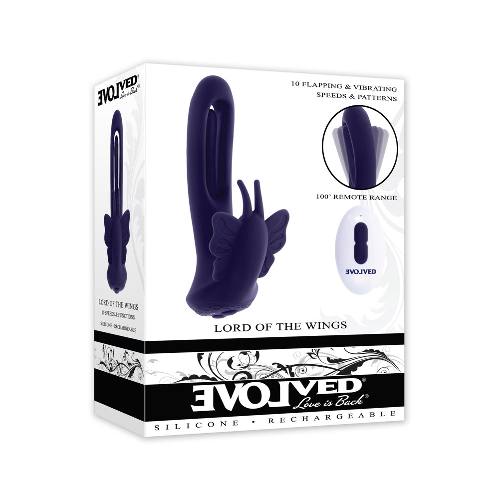 Purple lord of the wings vibrator inside packaging.