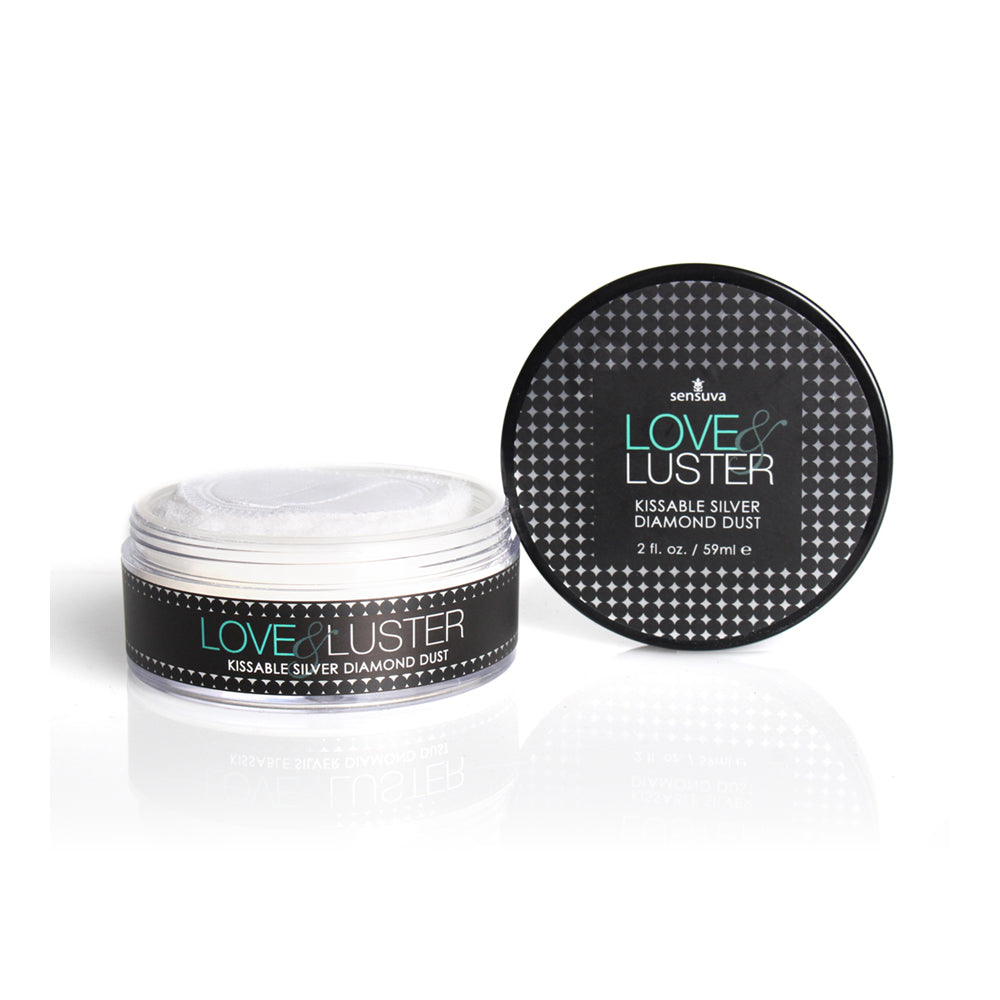 Love & Luster kissable silver diamond dust packaging on a white background.