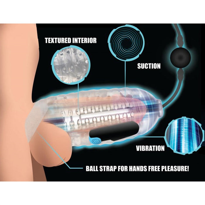 an erect penis inside of the clear masturbator with descriptive text as to how the product works. Textured interior, suction, vibration and a ball strap for hands free pleasure 