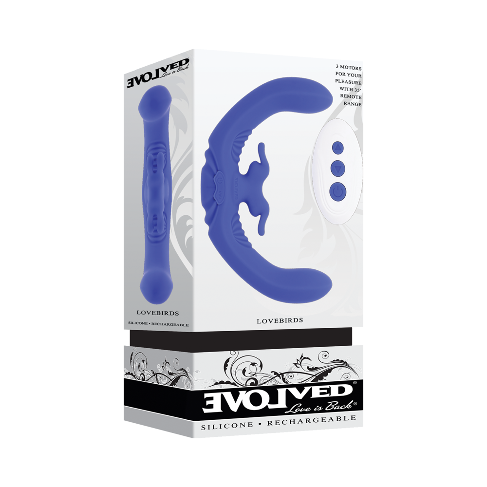 Purple lovebirds dual ended vibrator inside packaging.