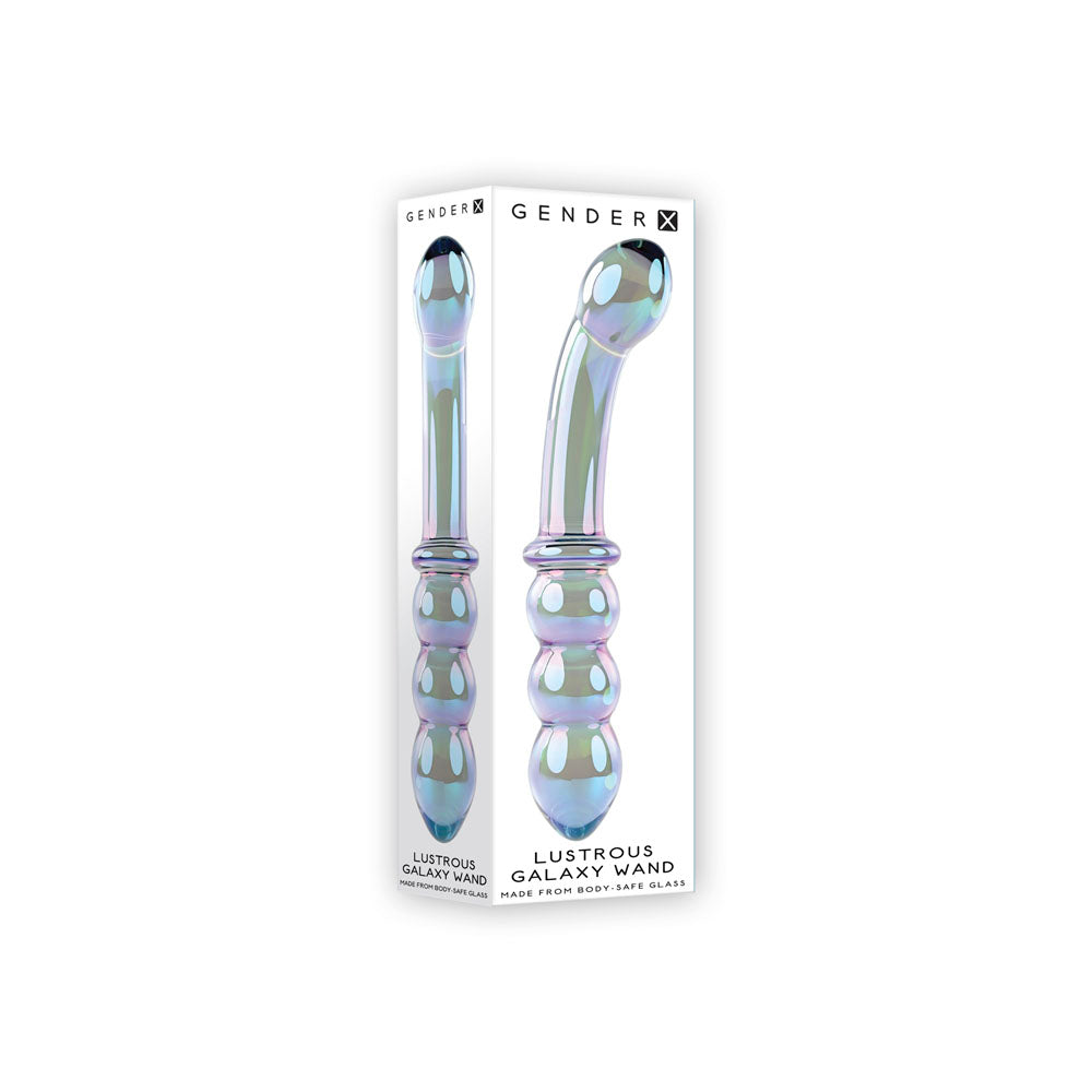Clear lustrous galaxy wand inside packaging. Made with body safe glass featuring dual ended design.