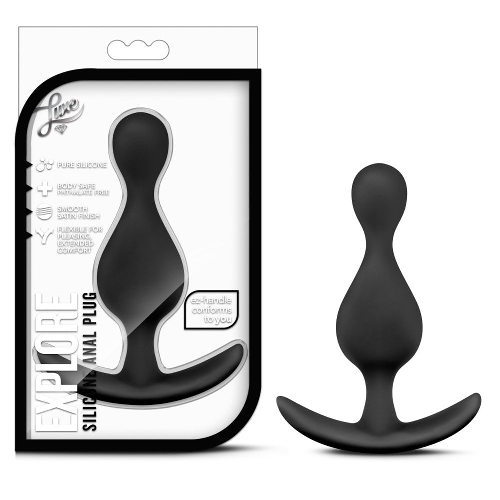 Black silicone anal plug with packaging on a white background