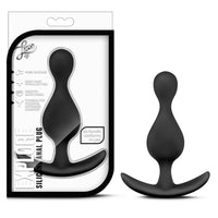 Black silicone anal plug with packaging on a white background