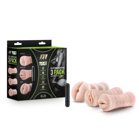 Black and green packaging with the image of three beige male masturbators and a black vibrating bullet. One of the masturbators has an anal entrance, the next has a vaginal entrance and the third has a mouth opening 