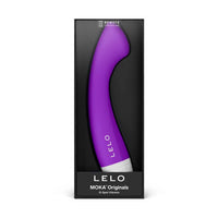 Purple LELO Moka Originals G-Spot Vibrator in black packaging on a white background