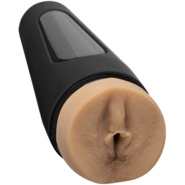 Image shows the vaginal opening of the beige male masturbator with a black hard shell 