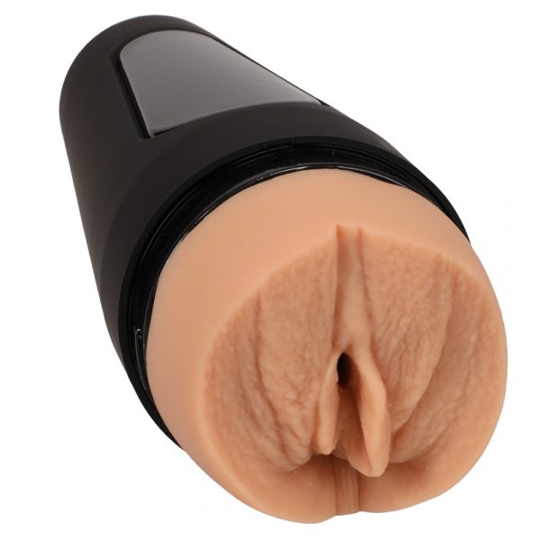 Beige masturbator with a vaginal opening and a black hard shell 