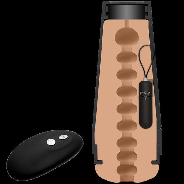 Image shows the internal texture of the masturbator with a black vibrating bullet and a black remote with two silver buttons 