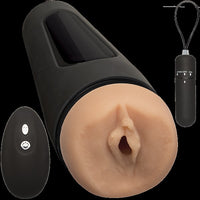 Beige masturbator with a vaginal opening and a hard black shell. Next to it a vibrating bullet and a remote with two silver buttons 